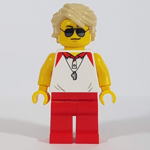 Minifigurka LEGO Lifeguard, White Polo Shirt with Whistle, Red Legs, Tan Hair, Sunglasses