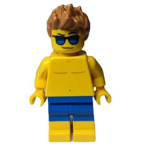 Minifigurka LEGO Man, Shirtless, Blue Swim Trunks, Medium Nougat Hair, Sunglasses