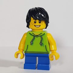 Minifigurka LEGO Boy, Lime Hoodie, Short Blue Legs, Black Hair
