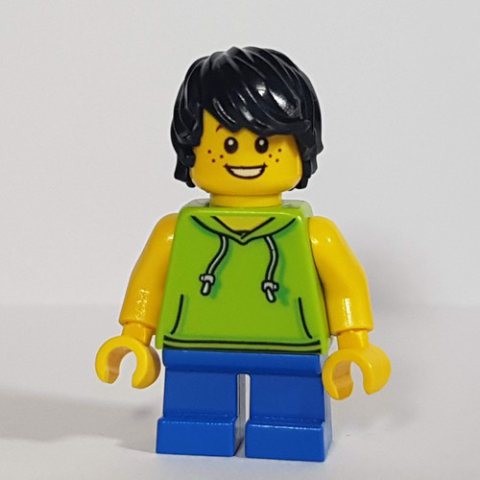 Minifigurka LEGO Boy, Lime Hoodie, Short Blue Legs, Black Hair