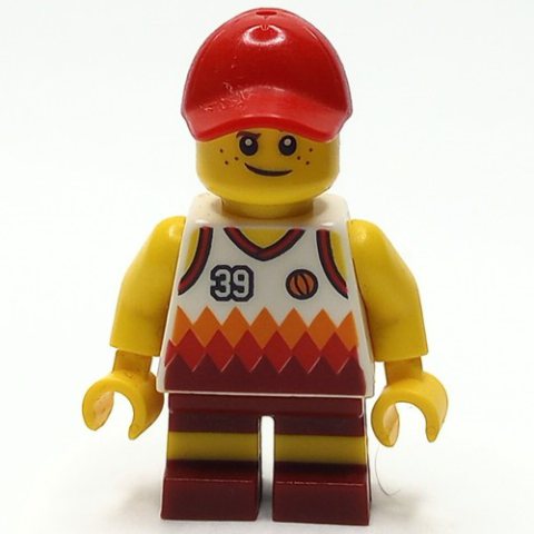 Minifigurka LEGO Boy, White and Dark Red Basketball Jersey with '39', Dark Red Shorts, Red Cap