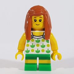 Minifigurka LEGO Girl, White Top with Lime and Green Pattern, Green Shorts, Dark Orange Hair