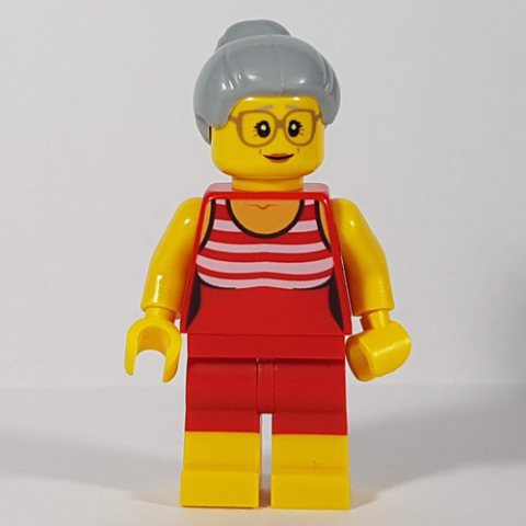 Minifigurka LEGO Woman, Red and White Swimsuit, Light Bluish Gray Hair, Glasses