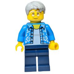 Minifigurka LEGO Man, Open Dark Azure Hawaiian Shirt, Dark Blue Legs, Light Bluish Gray Hair, Glasses