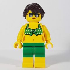 Minifigurka LEGO Woman, Green Bikini Top with White Spots, Green Shorts, Dark Brown Hair, Sunglasses