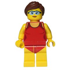Minifigurka LEGO Woman, Red Swimsuit, Reddish Brown Hair, Safety Glasses