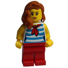 Minifigurka LEGO Woman, White and Dark Azure Striped Tank Top with Red Neckerchief, Red Legs, Dark Orange Hair