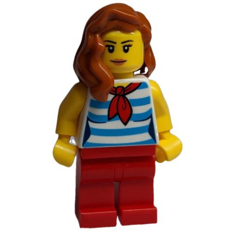 Minifigurka LEGO Woman, White and Dark Azure Striped Tank Top with Red Neckerchief, Red Legs, Dark Orange Hair