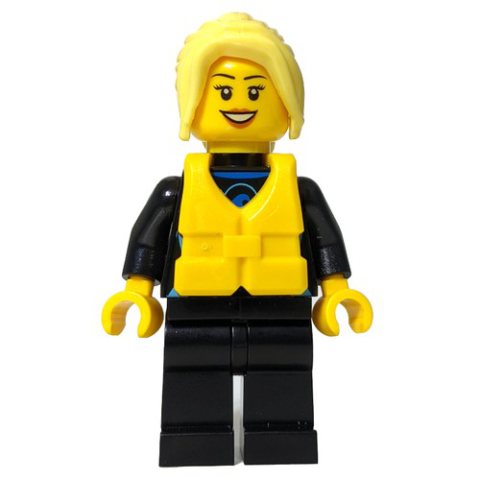 Minifigurka LEGO Surfer, Woman, Black Wetsuit, Bright Light Yellow Hair, Yellow Life Vest