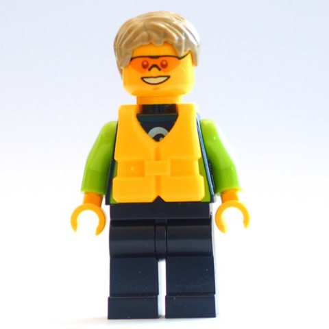 Minifigurka LEGO Man, Black and Lime Wetsuit, Dark Tan Hair, Yellow Life Vest, Orange Safety Glasses