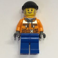 Minifigurka LEGO Worker, Orange Safety Jacket over Hoodie, Blue Legs, Black Hat, Moustache