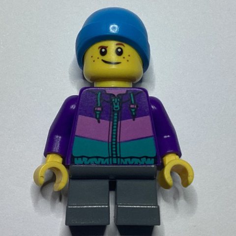 Minifigurka LEGO Boy, Dark Purple Jacket, Short Dark Bluish Gray Legs, Dark Azure Beanie Hat