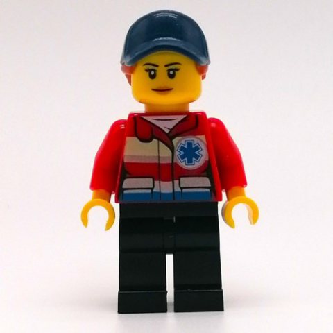 Minifigurka LEGO Paramedic, Woman, Red Jacket with Star of Life, Dark Blue Cap with Hair