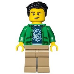 Minifigurka LEGO Man, Open Green Jacket, Dark Tan Legs, Black Hair