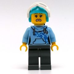 Minifigurka LEGO Woman, Bright Light Blue Hoodie, Dark Bluish Gray Legs, Medium Azure Helmet with Hair and Snow Goggles