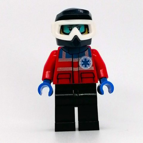Minifigurka LEGO Paramedic, Woman, Red Jacket with Star of Life, Dark Blue Dirt Bike Helmet with Snow Goggles, Printed Snow Goggles