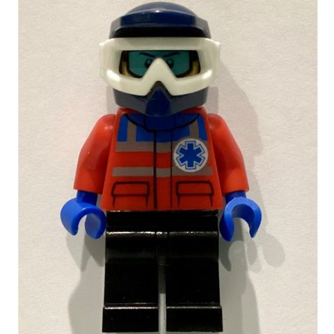 Minifigurka LEGO Paramedic, Red Jacket with Star of Life, Dark Blue Dirt Bike Helmet with Snow Goggles, Printed Snow Goggles