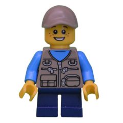 Minifigurka LEGO Boy, Dark Tan Vest with Zippers and Pouches, Short Dark Blue Legs, Dark Tan Cap