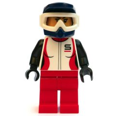 Minifigurka LEGO Racer, Woman, White, Black and Red Jacket, Red Legs, Dark Blue Dirt Bike Helmet with Goggles, Dirt Stains