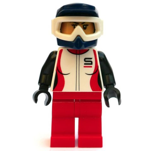 Minifigurka LEGO Racer, Woman, White, Black and Red Jacket, Red Legs, Dark Blue Dirt Bike Helmet with Goggles, Dirt Stains