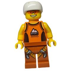 Minifigurka LEGO Man, Orange Tank Top with 'SPORT', Dark Orange Legs with Straps, White Helmet, Orange Safety Glasses