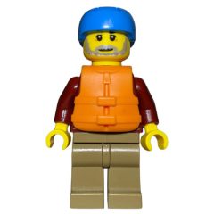 Minifigurka LEGO Man, Open Dark Red Jacket, Dark Tan Legs, Dark Azure Helmet, Orange Life Vest, Beard