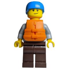 Minifigurka LEGO Man, Light Bluish Gray Hoodie over Dark Red Shirt, Dark Brown Legs, Dark Azure Helmet, Orange Life Vest