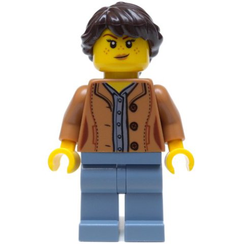Minifigurka LEGO Woman, Medium Nougat Jacket, Sand Blue Legs, Dark Brown Hair
