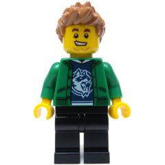 Minifigurka LEGO Man, Open Green Jacket, Black Legs, Medium Nougat Hair