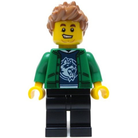 Minifigurka LEGO Man, Open Green Jacket, Black Legs, Medium Nougat Hair