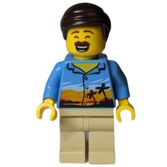 Minifigurka LEGO Man, Medium Blue Shirt with Palm Trees and Sunset, Tan Legs, Dark Brown Hair, Moustache