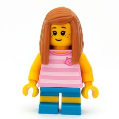 Minifigurka LEGO Girl, Bright Pink Striped Top with Cat Head, Dark Azure Shorts, Medium Nougat Hair