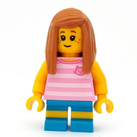 Minifigurka LEGO Girl, Bright Pink Striped Top with Cat Head, Dark Azure Shorts, Medium Nougat Hair