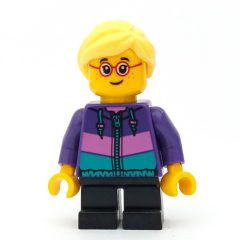 Minifigurka LEGO Girl, Dark Purple Jacket, Short Black Legs, Bright Light Yellow Hair