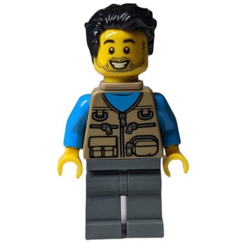 Minifigurka LEGO Man, Dark Tan Vest with Zippers and Pouches, Black Hair, Baby Carrier, Stubble