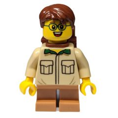 Minifigurka LEGO Boy, Tan Shirt, Short Medium Nougat Legs, Reddish Brown Hair, Backpack, Glasses