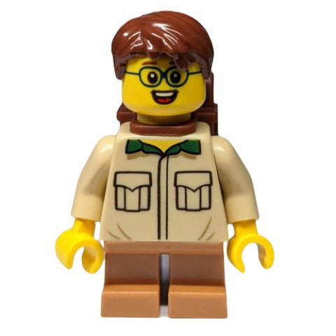 Minifigurka LEGO Boy, Tan Shirt, Short Medium Nougat Legs, Reddish Brown Hair, Backpack, Glasses