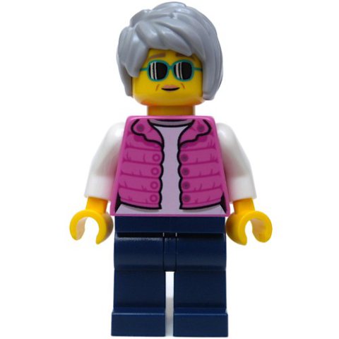 Minifigurka LEGO Woman, Dark Pink Jacket, Dark Blue Legs, Light Bluish Gray Hair