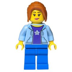 Minifigurka LEGO Woman, Open Bright Light Blue Hoodie over Dark Purple Shirt with Star, Blue Legs, Dark Orange Hair