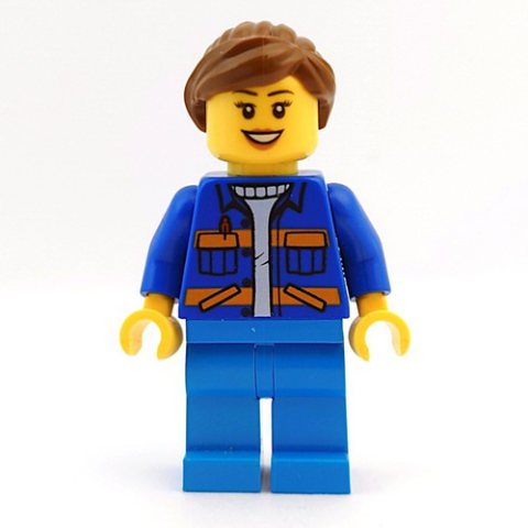 Minifigurka LEGO Worker, Woman, Blue Jacket with Orange Stripes, Dark Azure Legs, Reddish Brown Hair