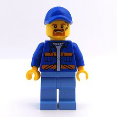 Minifigurka LEGO Worker, Blue Jacket with Orange Stripes, Medium Blue Legs, Blue Cap, Goatee Beard