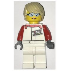 Minifigurka LEGO Racer, Woman, White and Red Jumpsuit, Tan Hair, Safety Glasses