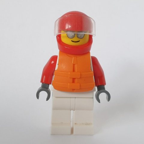 Minifigurka LEGO Racer, White and Red Jumpsuit, Red Helmet with Visor, Sunglasses