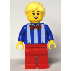 Minifigurka LEGO Woman, Blue and White Stripe Shirt with Red Bow Tie, Red Legs, Bright Light Yellow Hair