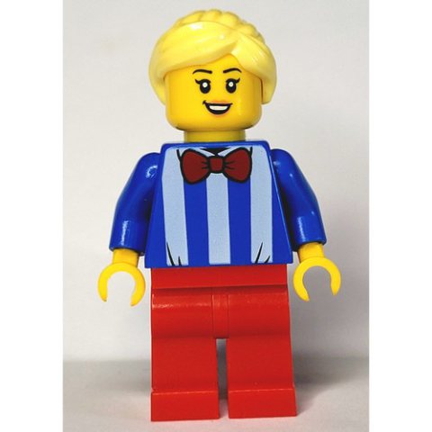 Minifigurka LEGO Woman, Blue and White Stripe Shirt with Red Bow Tie, Red Legs, Bright Light Yellow Hair