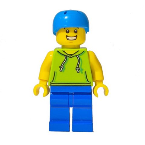 Minifigurka LEGO Man, Lime Hoodie, Blue Legs, Dark Azure Helmet