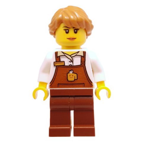 Minifigurka LEGO Barista, Woman, White Torso, Reddish Brown Apron, Medium Nougat Hair