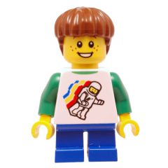 Minifigurka LEGO Boy, Floating Classic Spaceman on Shirt, Short Blue Legs, Reddish Brown Hair