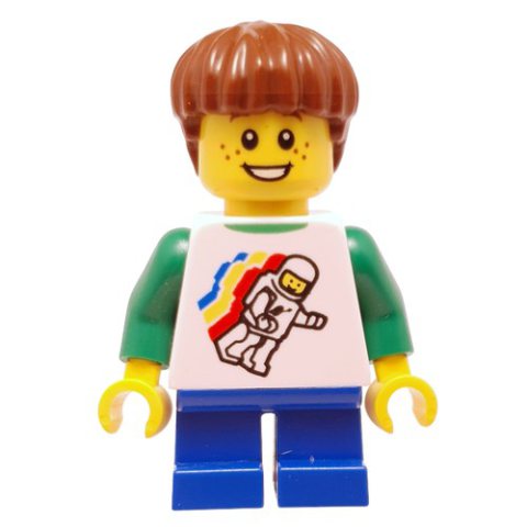 Minifigurka LEGO Boy, Floating Classic Spaceman on Shirt, Short Blue Legs, Reddish Brown Hair
