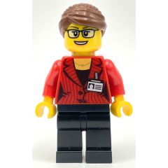 Minifigurka LEGO Woman, Red Jacket, Black Legs, Reddish Brown Hair, Clear Badge